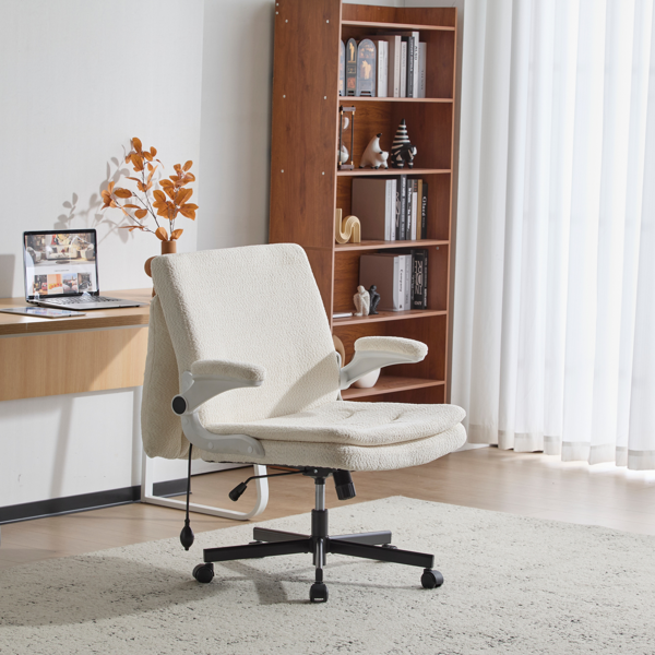 翻转式后背内置动态气囊腰靠十字交叉腿办公椅，宽座办公桌椅带翻转扶手与轮子，现代家用办公室梳妆台米色十字交叉腿椅-18