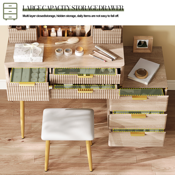 七屉梳妆台，带LED镜和精美雕刻细节；凹槽化妆桌，金属桌腿，PU凳；雕花梳妆台，带珠宝收纳空间，适用于卧室-6