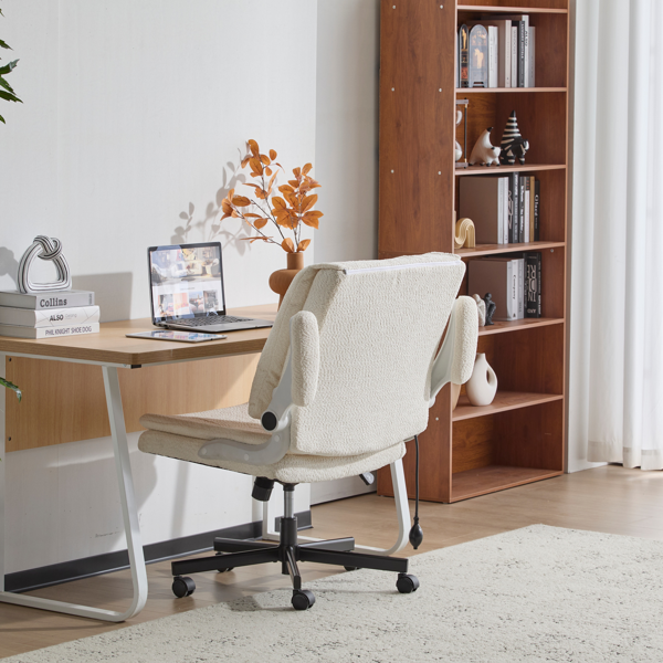 翻转式后背内置动态气囊腰靠十字交叉腿办公椅，宽座办公桌椅带翻转扶手与轮子，现代家用办公室梳妆台米色十字交叉腿椅-19