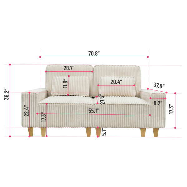 深座灯芯绒双人沙发，配拉丝不锈钢杯架及2个装饰靠枕，舒适客厅双人座沙发-3