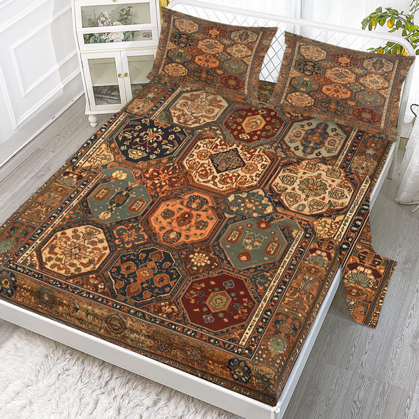 自产组合（床单+床笠+枕套四件套侧边印花））古老花纹 美国小号（temu仅可自提）-1