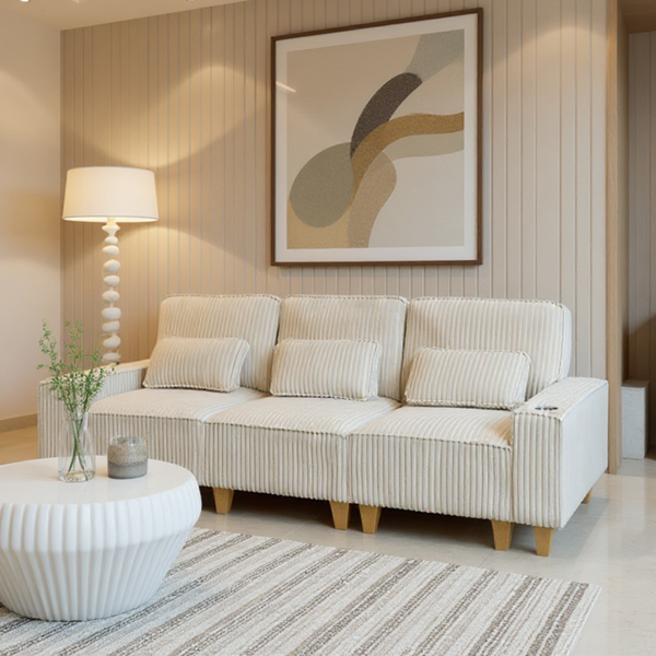 深座三人座灯芯绒沙发，配拉丝不锈钢杯架及3个装饰靠枕，现代舒适客厅沙发-3