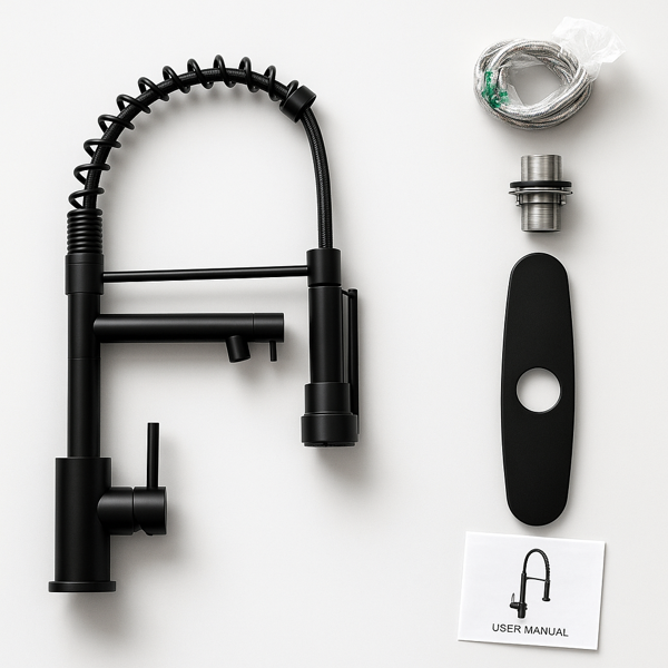带下拉式喷雾器的厨房水龙头，单把手2功能不锈钢弹簧颈，单孔安装，适用于住宅、商业、房车、酒吧等，哑光黑色【周末不发货，TK/TEMU订单仅支持自提】-11