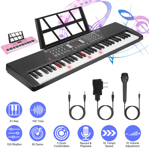 （自提可发加拿大，temu&tk下自提单）61键儿童钢琴玩具——多功能电子琴，内置100种音色/节奏，发光琴键，附麦克风及乐谱架，适合男孩女孩的教育类乐器礼物-1