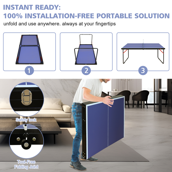 双鱼牌中型便携式乒乓球桌，4英尺紧凑型可折叠乒乓球桌套装，含球网、2个球拍和3个乒乓球，适用于室内外、小空间和公寓，加厚铝合金框架-6