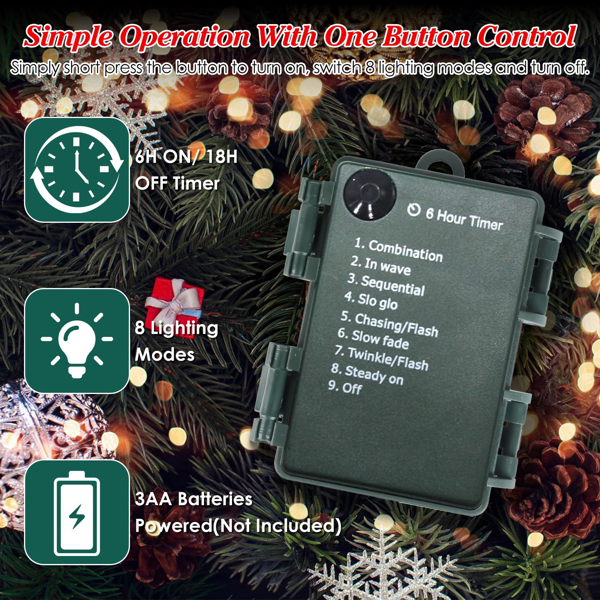 （自提可发加拿大，temu&tk下自提单）50颗LED逼真仿真圣诞树 - 8种灯光模式，自动6小时/18小时定时器及IP44防水等级，电池供电迷你树配红浆果，适用于节日家居门廊花园装饰-7