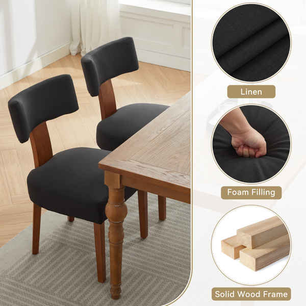 064-两把装亚麻布面料现代无扶手餐椅，弧形靠背，实木椅腿，适用于餐厅和客厅，黑色-9