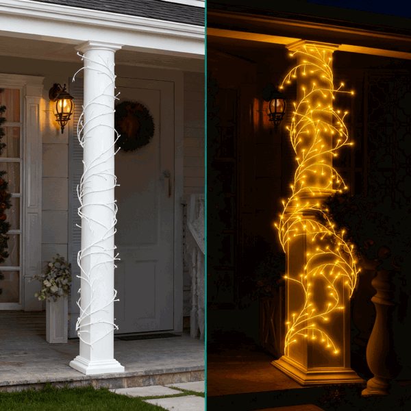 （自提可发加拿大，temu，tk下自提单）-发光桦树花环，7.87英尺（约2.4米）长，含144颗暖白LED灯珠，8种模式可选，配备遥控器与定时器，IP45防水等级柔性枝条，适用于家居装饰。-5