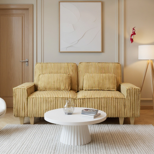 深座灯芯绒双人沙发，配拉丝不锈钢杯架及2个装饰靠枕，舒适客厅双人座沙发-2