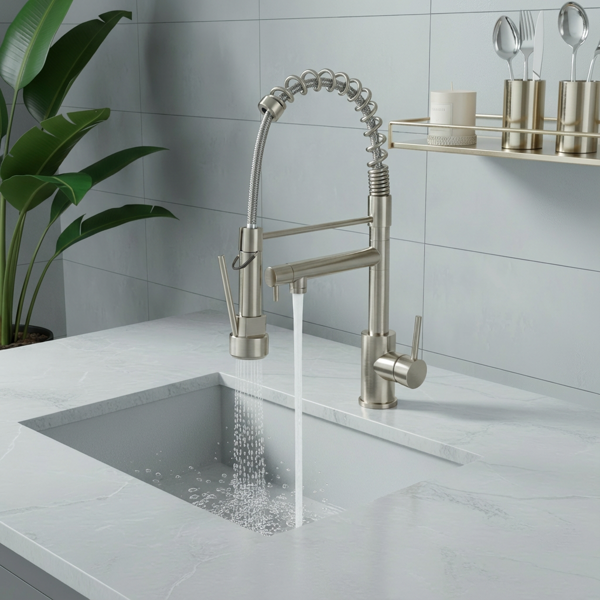 带下拉式喷雾器的厨房水龙头，单把手2功能不锈钢弹簧颈，单孔安装，适用于住宅、商业、房车、酒吧等，刷镍【周末不发货，TK/TEMU订单仅支持自提】-7