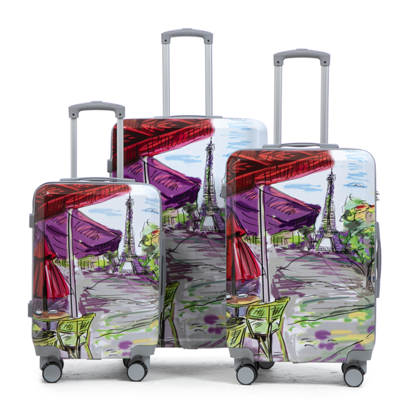 20"/24"/28" 3件套 PC 旋转轮行李箱，登机箱，带印花图案和密码锁（咖啡+铁塔）-1