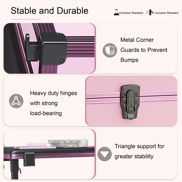 便携式美甲桌，带 LED 镜子、蓝牙、可上锁抽屉、伸缩杆 - 沙龙折叠美甲台（粉色）-5