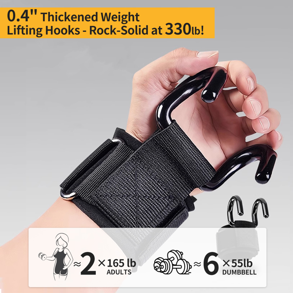 男女举重挂钩（一对），330 磅重型健身房举重腕带挂钩，适用于硬拉、引体向上、力量训练，0.4 英寸握力青少年举重挂钩-7