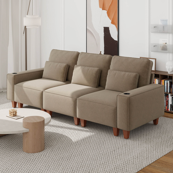 雪尼尔深座三人沙发，配拉丝不锈钢杯架及3个装饰靠枕，现代舒适客厅沙发-3