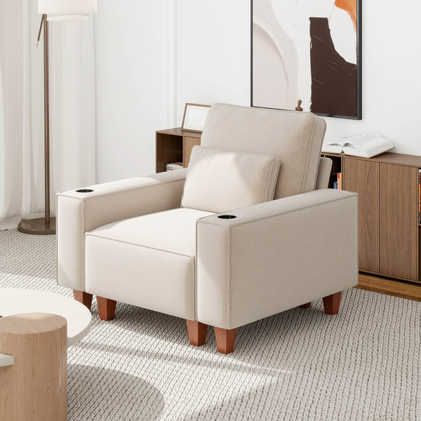 雪尼尔深座单人沙发椅，配拉丝不锈钢杯架与装饰靠枕，现代舒适客厅点缀椅-3