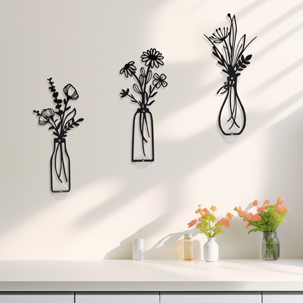3 件金属花瓶花卉墙壁艺术 - 乡村农舍风格装饰金属墙壁艺术黑色极简花卉自然主题墙壁装饰适合家庭卧室餐厅乔迁之喜（黑色-花瓶）-3