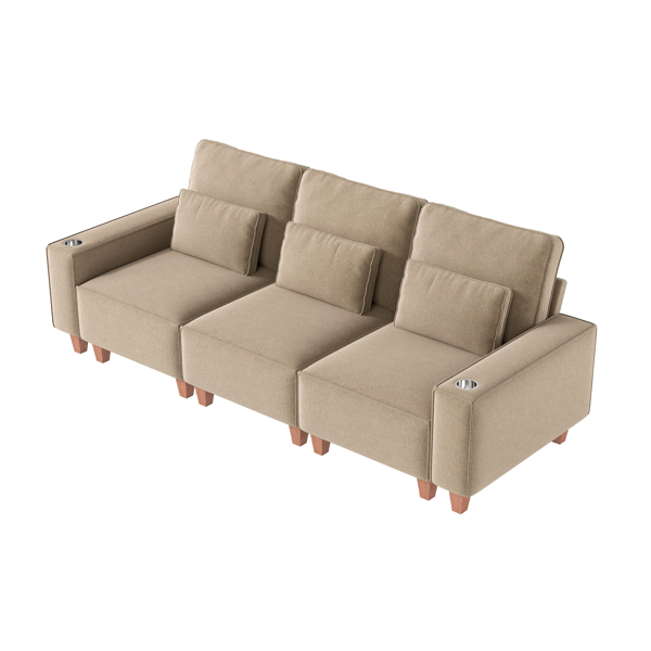 雪尼尔深座三人沙发，配拉丝不锈钢杯架及3个装饰靠枕，现代舒适客厅沙发-1