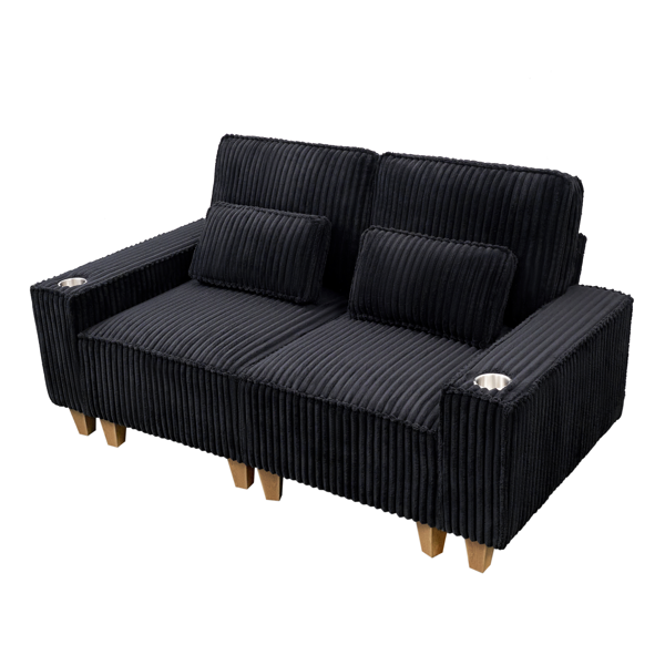 深座灯芯绒双人沙发，配拉丝不锈钢杯架及2个装饰靠枕，舒适客厅双人座沙发-1