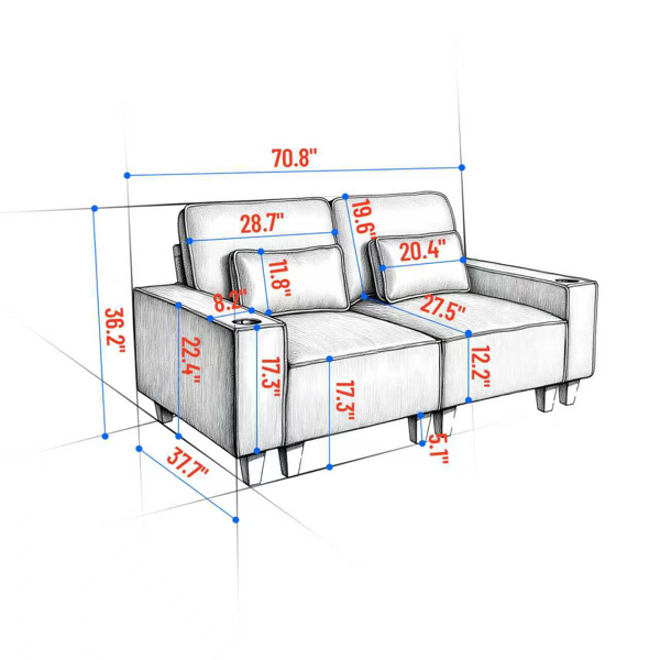 雪尼尔深座双人沙发，配拉丝不锈钢杯架及2个装饰靠枕，现代舒适客厅双人座-4