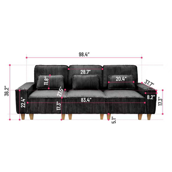 深座三人座灯芯绒沙发，配拉丝不锈钢杯架及3个装饰靠枕，现代舒适客厅沙发-4