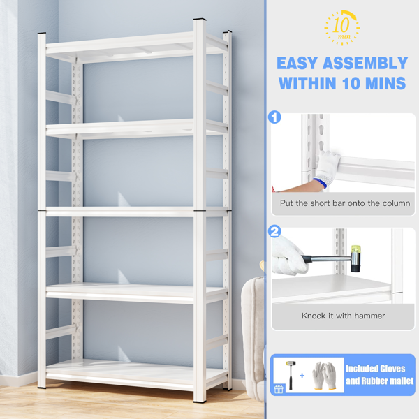 71 英寸高可调节储物架，可调节搁板，2000 磅五层搁板，防刮耐磨面板，白色，需要组装-7