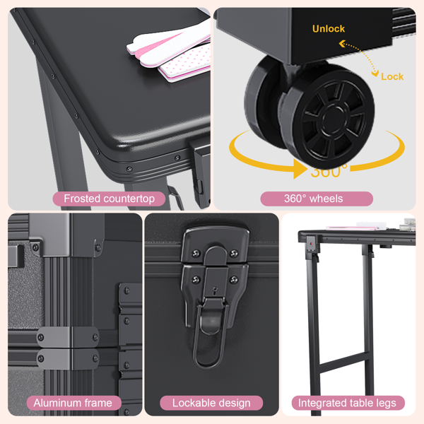 便携式美甲桌，带 LED 镜子、蓝牙、可上锁抽屉、伸缩杆 - 沙龙折叠美甲台（黑色）-7