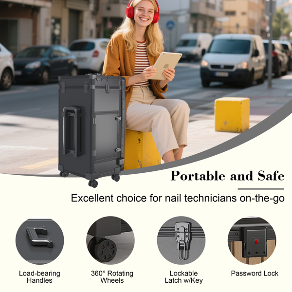 便携式美甲桌，带 LED 镜子、蓝牙、可上锁抽屉、伸缩杆 - 沙龙折叠美甲台（黑色）-9