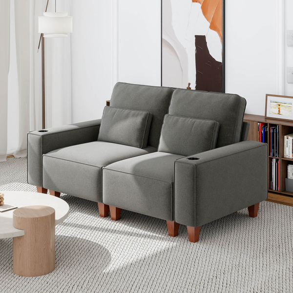 雪尼尔深座双人沙发，配拉丝不锈钢杯架及2个装饰靠枕，现代舒适客厅双人座-3