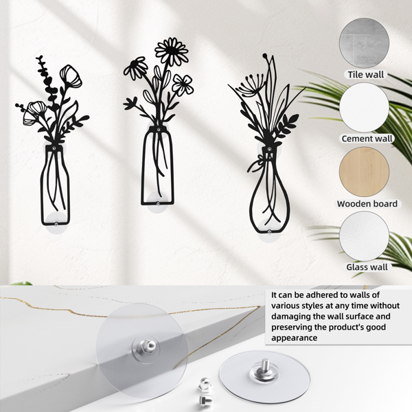 3 件金属花瓶花卉墙壁艺术 - 乡村农舍风格装饰金属墙壁艺术黑色极简花卉自然主题墙壁装饰适合家庭卧室餐厅乔迁之喜（黑色-花瓶）-6