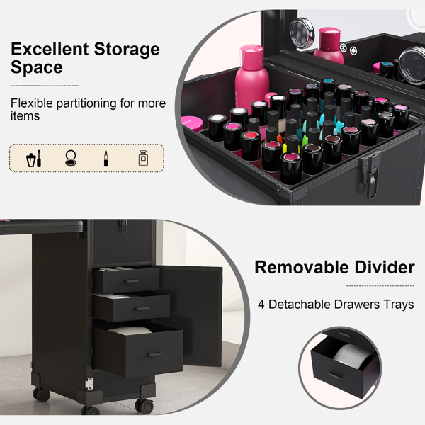 便携式美甲桌，带 LED 镜子、蓝牙、可上锁抽屉、伸缩杆 - 沙龙折叠美甲台（黑色）-6