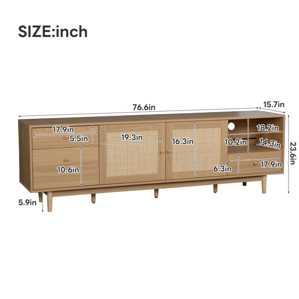 波西米亚风电视柜，适用于 65、75、85 英寸电视，带开放式储物空间和抽屉的娱乐中心，现代木质媒体电视柜，配以真正的藤条-3