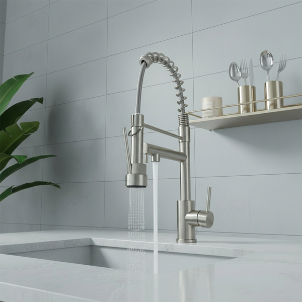 带下拉式喷雾器的厨房水龙头，单把手2功能不锈钢弹簧颈，单孔安装，适用于住宅、商业、房车、酒吧等，刷镍【周末不发货，TK/TEMU订单仅支持自提】-8