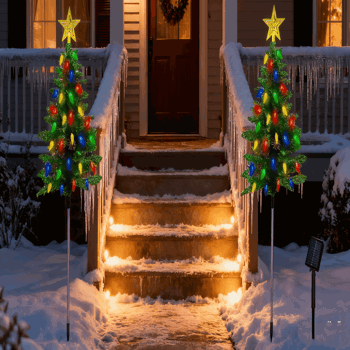 （自提可发加拿大，temu&tk下自提单）2包太阳能圣诞树灯 37.4英寸 - 100颗LED 4色8模式，IP44防水户外步道装饰灯带附挂饰