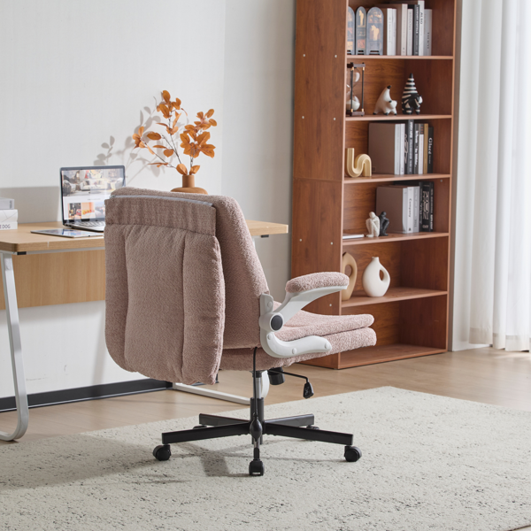 翻转式后背内置动态气囊腰靠十字交叉腿办公椅，宽座办公桌椅带翻转扶手与轮子，现代家用办公室梳妆台粉色十字交叉腿椅-6