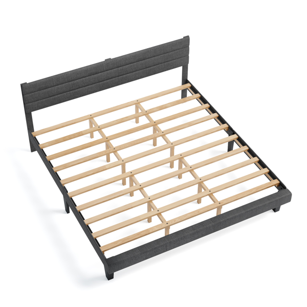 靠背横条纹 深灰色 King 软包床 仿亚麻 UP03LHLGK-6