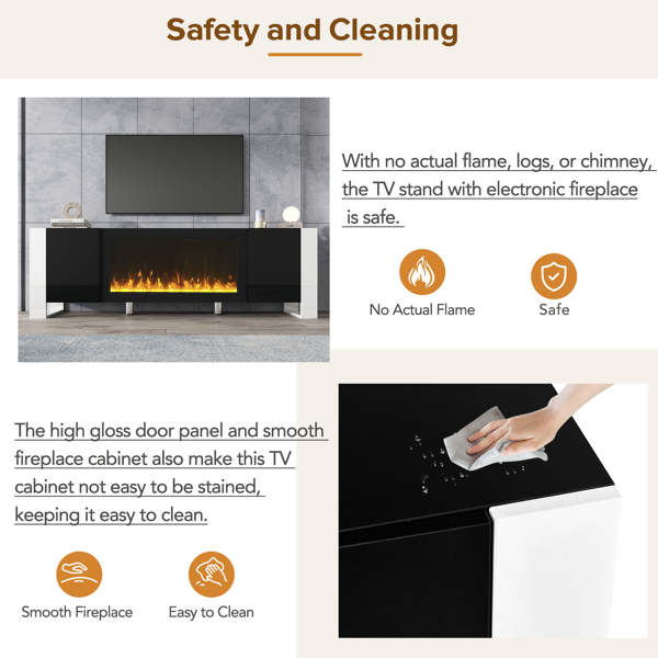 时尚现代电视柜，配备 34.2 英寸非加热式电壁炉，高光泽娱乐中心，带 2 个柜子，适用于最大 78 英寸电视的媒体控制台，黑色-12
