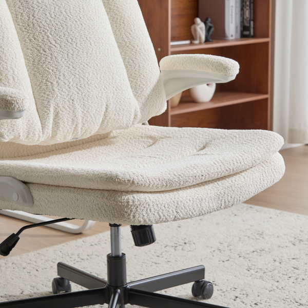 翻转式后背内置动态气囊腰靠十字交叉腿办公椅，宽座办公桌椅带翻转扶手与轮子，现代家用办公室梳妆台米色十字交叉腿椅-17