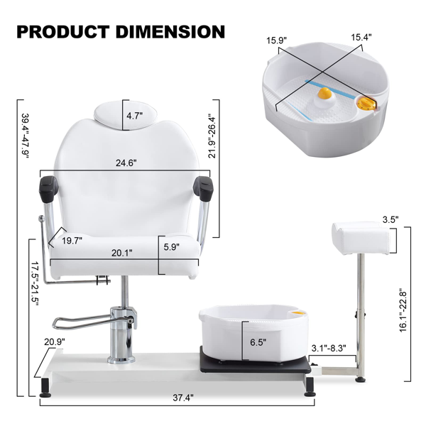 足部护理站座椅（含脚踏板及足浴盆），360度旋转可躺式足部护理椅，配备液压升降高度调节及头枕功能 - 白色款-4