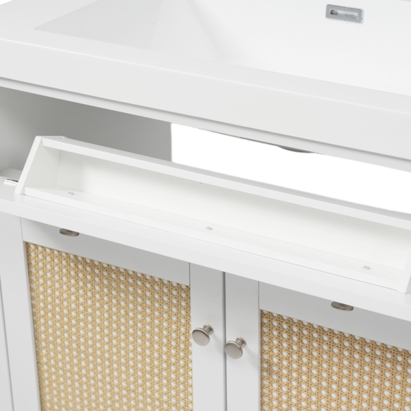 60英寸浴室柜，带双水槽（SMC水槽），大容量储物空间，配有2个翻盖式托盘/抽屉和4个缓闭门，实木柜腿和银色金属把手，白色-4