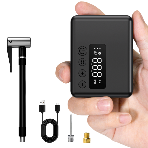 口袋空气泵 迷你自行车泵 电动130PSI 配有Presta和Schrader气嘴 自动停止 快速充气 Type-C可充电电池 适用于所有自行车和球类 体育必备无线胎压机-1