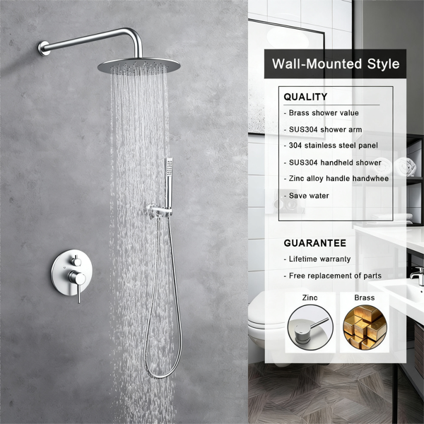 淋浴系统淋浴龙头组合套装壁挂式，带10英寸花洒淋浴头和手持式淋浴龙头，拉丝镍[周末无法发货，TK/TEMU仅支持自提]-5