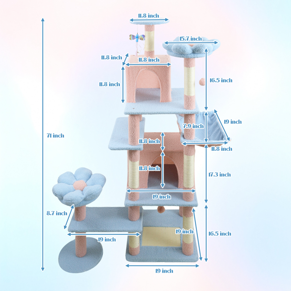 71英寸花朵猫树，带大型可拆卸花朵垫和吊床，蓝色-3