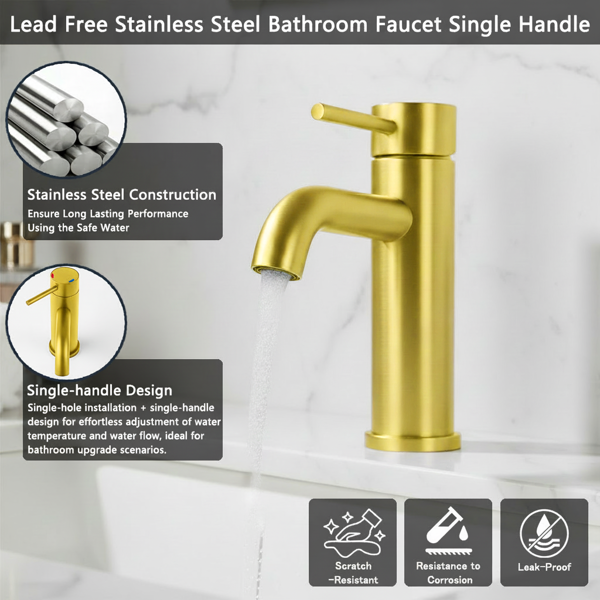 单柄浴室水龙头卫生间水龙头不锈钢单孔T10，拉丝金【周末不发货，TK/TEMU订单仅支持自提】-2