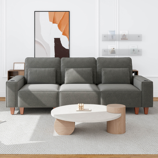 雪尼尔深座三人沙发，配拉丝不锈钢杯架及3个装饰靠枕，现代舒适客厅沙发-3