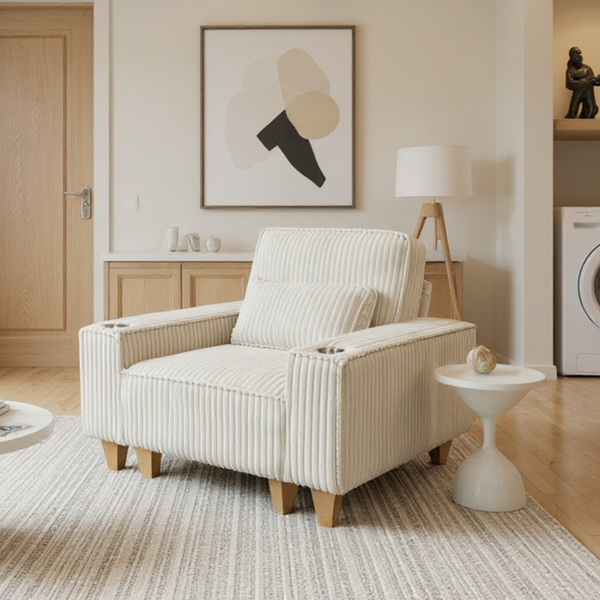 深座灯芯绒扶手椅，配拉丝不锈钢杯架与装饰靠枕，打造客厅温馨点缀椅-2