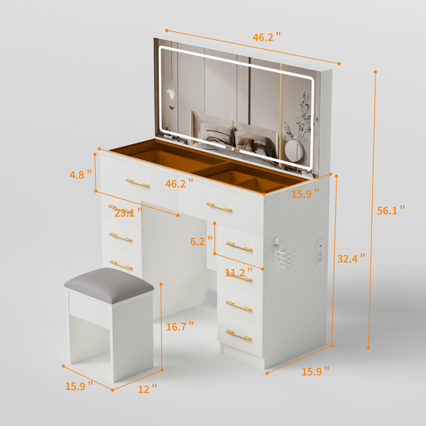 46英寸玻璃台面梳妆台，带10个抽屉、镜子和凳子，3种照明模式，电源插座，静音滑轨，白色大号梳妆台，适用于卧室-12