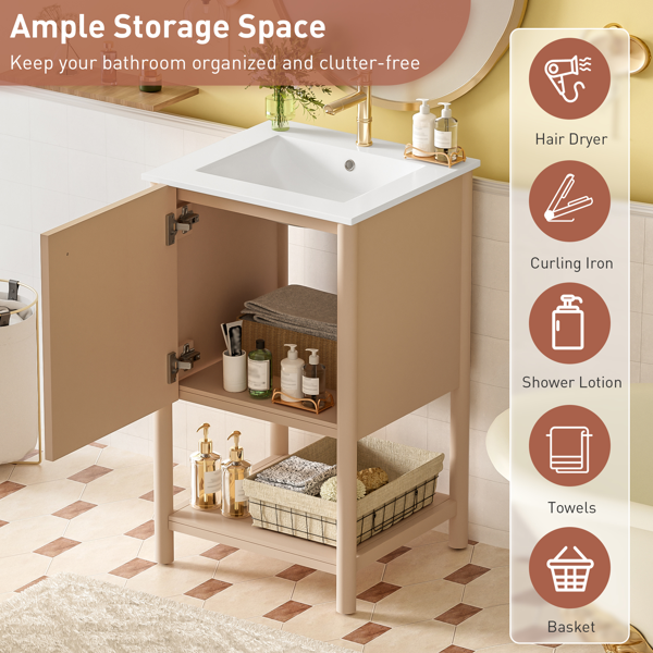 20英寸浴室柜，带陶瓷水槽，独立式单人浴室柜套装，带缓闭门，法式风格。-9