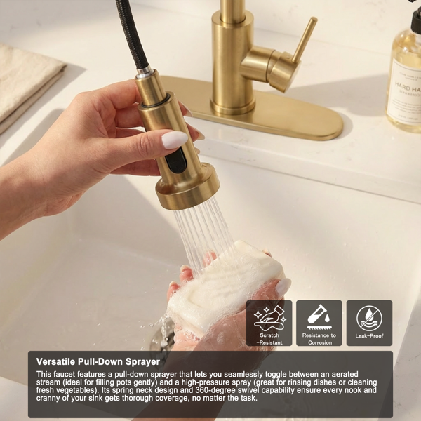 带下拉式喷雾器的厨房水龙头，适用于农舍露营者洗衣设施的1孔或3孔水龙头，Rv湿吧水槽，不锈钢，拉丝金【周末不发货，TK/TEMU订单仅支持自提】-10
