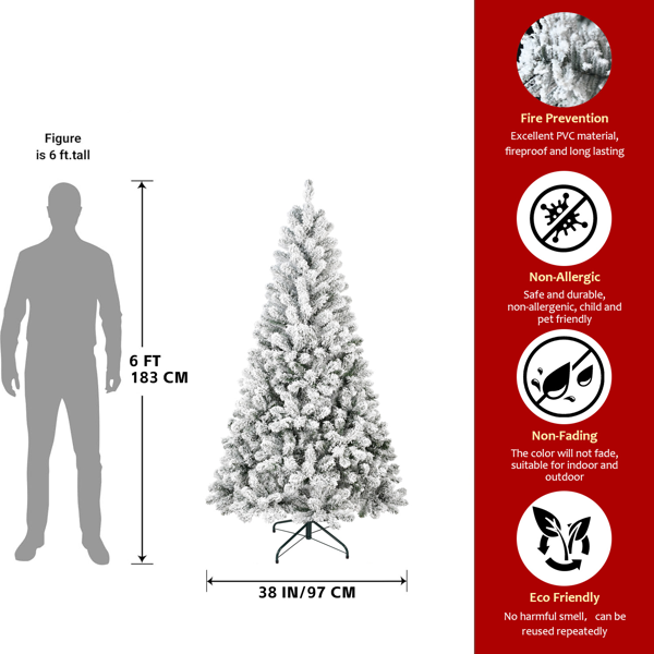 7英尺植绒圣诞树 – 人造雪景圣诞树，1022个树枝，饱满的PVC材质，坚固的金属支架，营造冬日仙境般的家居、办公室或公寓装饰-3