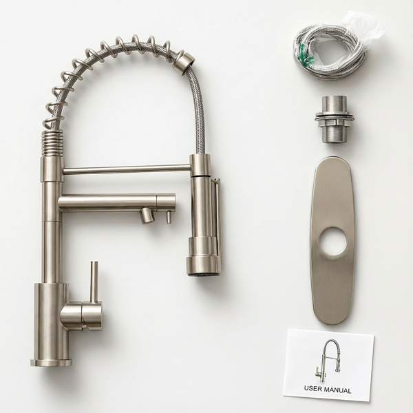 带下拉式喷雾器的厨房水龙头，单把手2功能不锈钢弹簧颈，单孔安装，适用于住宅、商业、房车、酒吧等，刷镍【周末不发货，TK/TEMU订单仅支持自提】-11